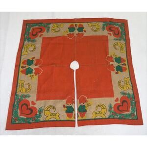 Vtg Christmas Tree Skirt Scandinavian Gnomes Hearts Painted Jute Burlap Charity